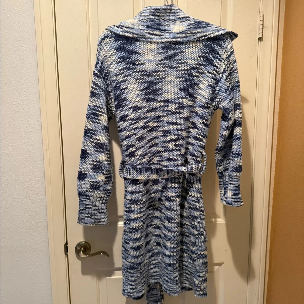STAUD Blue and White Heavy Knit Sweater Sz XS pockets tie belt - Picture 7 of 9
